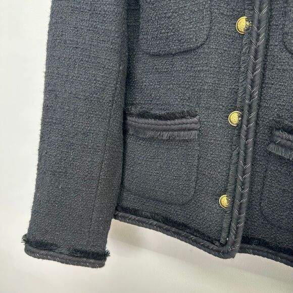 J. Crew Women’s Black Cropped Lady Tweed Jacket Gold Buttons Fringe Trim Pockets - Picture 9 of 15